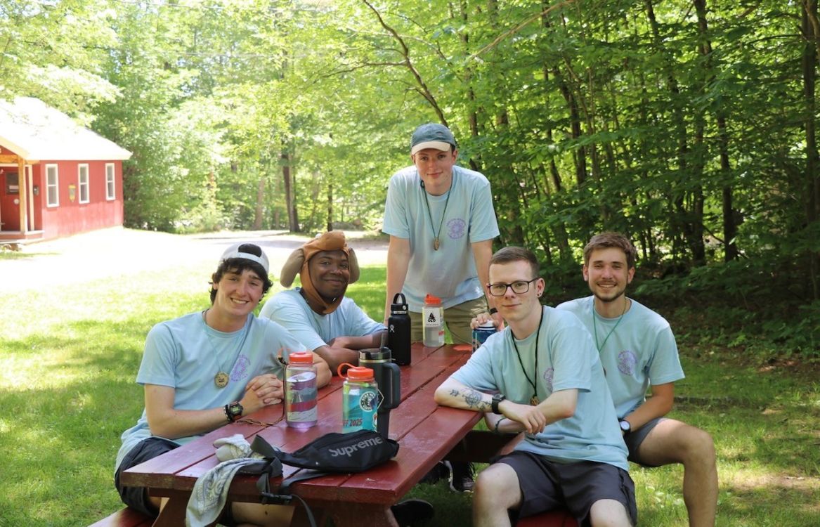 Ethan (second right) with fellow camp volunteers Ronan,  Cliff,  Oscar and Kalve.